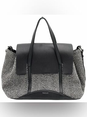 Radley London Chancery Herringbone Flap Over Satchel Grab Bag Black and Grey
